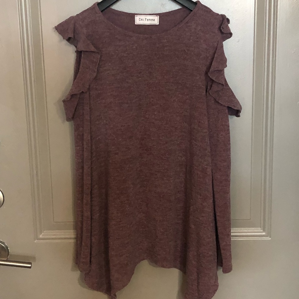 Purple Cold-Shoulder Sweater w/ Ruffle Detail